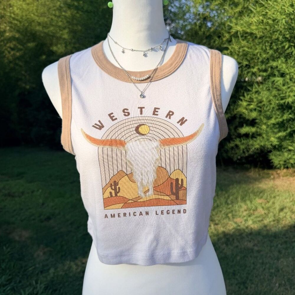 Soul Scene Large Western Cow Skull Graphic Baby Tee Crop Top Tank Ringer